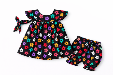 Toddler Floral (8) & Grid Print Set - Vintage Style With Hairband 3pc Summer Outfit