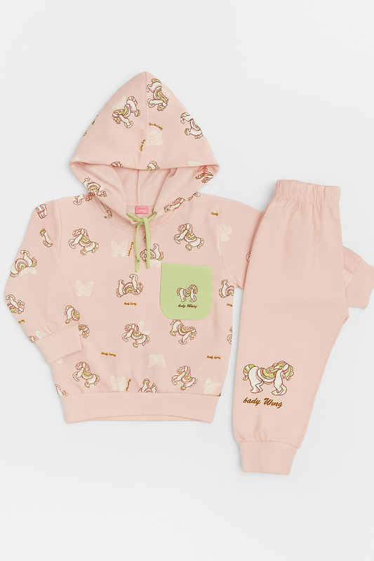 French Terry Girls Suit Horsy Design - Pink