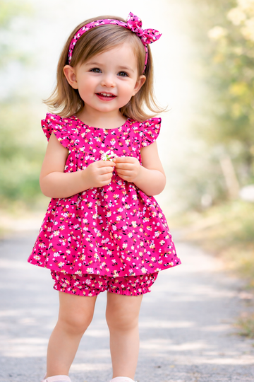 Pink Lawn flowers Colours With Shorts and Hairband