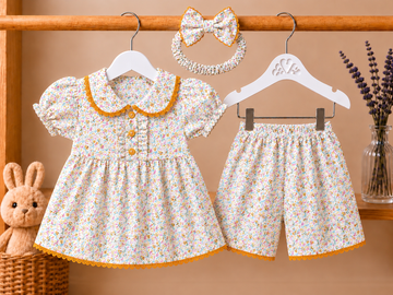 Cotton lawn Lace Stylish Collar Style Frock Floral with Matching Shorts With Hairband