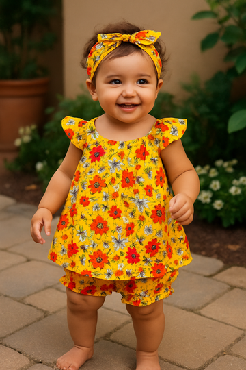 Cotton Lawn Baby Frock with Short & Hairband Light Yellow