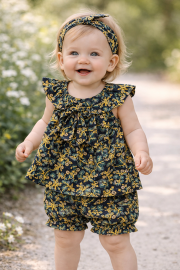 Vintage Charm Ruffle Set - Yellow Floral & Soft Grey Grid
