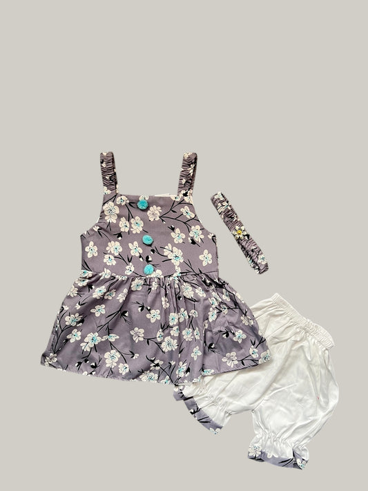 Cute Baby Girl Outfit - White Dress with Black Flowers, Bloomers, and Headband