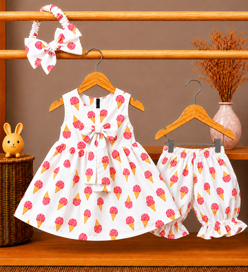 Sweet Cone Icecream Baby Girl Dress & Ruffle Bloomers Set with Headband