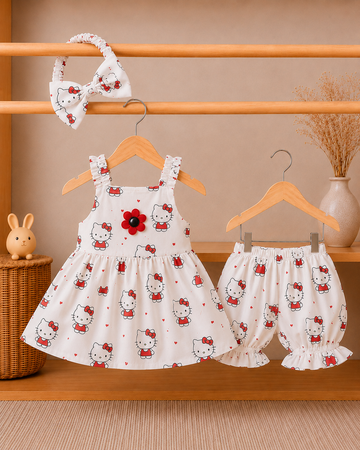 Cotton lawn Stylish Hello Kitty Top with Matching Shorts And Bow Hair Band