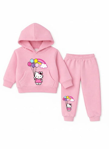 Hello Kitty Girls' 2-Piece Pink Hoodie and Jogger Set – Rainbow & Balloons Edition