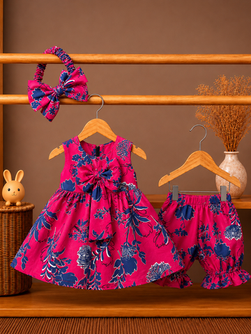 Lawn Fabric Vintage Rose Baby Dress, Bloomers & Headband Set – Pink