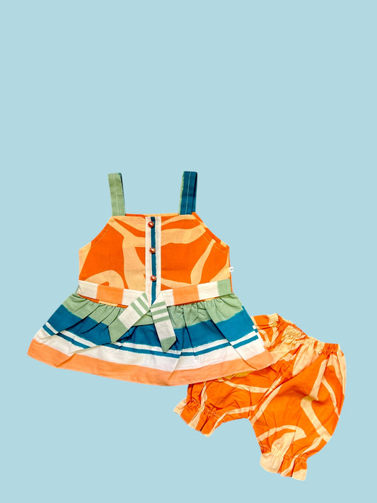 Cute Baby Girl Outfit - Orange Dress with Black Flowers, Bloomers, and Headband