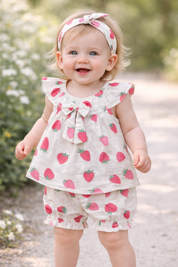 Sweet Strawberry Fields 3-Piece Set - Flutter Top, Bloomers & Bow