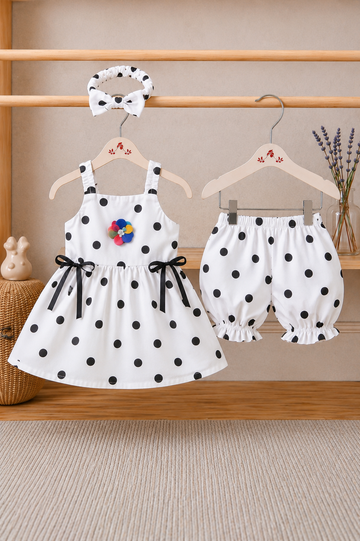 Cotton lawn Stylish Polka Striped Top with Matching Shorts And Bow Hair Band