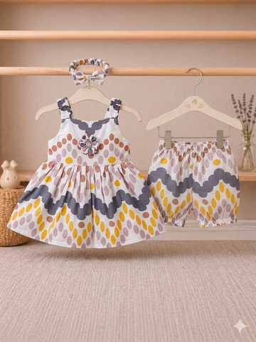 Cotton lawn Stylish Striped Top with Matching Shorts And Bow Hair Band (7)