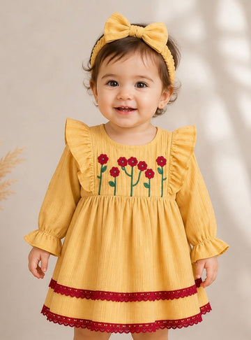 Turkish Popcorn Fabric Full Sleeves Frock , Embos Printed With Lace , And Cute Bow Hairband