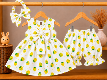 Cotton lawn Stylish Frock Strawberries Top with Matching Shorts And Bow Hair Band