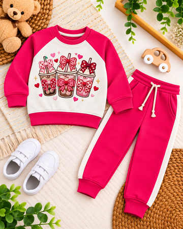 Hot Pink Fleece Boba Tea Sweatsuit | Cute Tea Cups with Bows Toddler Outfit