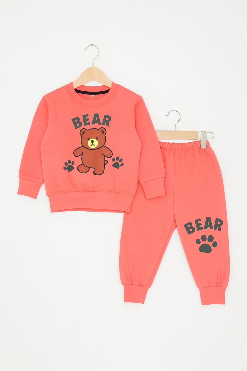 Cozy Coral Bear Sweatshirt and Jogger Set | Toddler Paw Print Fleece Tracksuit