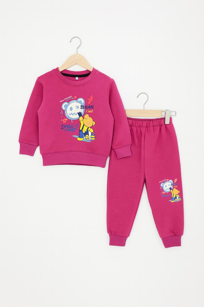 Fuchsia 'Draw It Cool' Bear Graphic Sweatshirt and Jogger Set | Toddler Artist Fleece Tracksuit