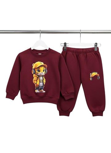 Maroon Cool Tiger Graphic Sweatshirt and Jogger Set | Kids' DJ/Music Theme Fleece Tracksuit