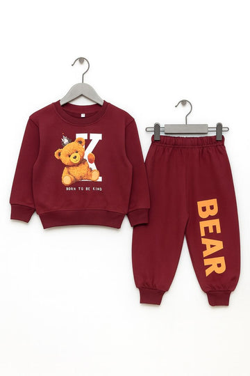 Toddler Maroon 'Born To Be King' Bear Graphic Sweatshirt & Jogger Set | Kind Bear Fleece Tracksuit