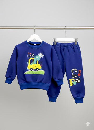 Cozy Boys' Royal Blue Dinosaur in Car Graphic Sweatshirt and Jogger Set | Fleece Winter Tracksuit