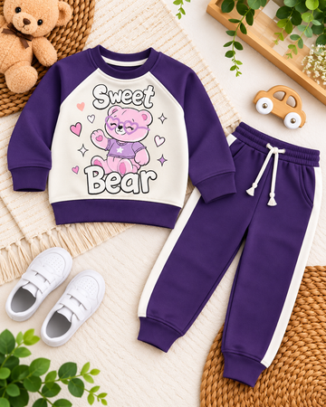 Purple & White Fleece Sweet Bear Sweatsuit | Cute Character Toddler Fleece Outfit