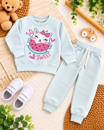Light Mint Fleece Sweet Watermelon Cat Tracksuit | Adorable Cat Kids Fleece Set
