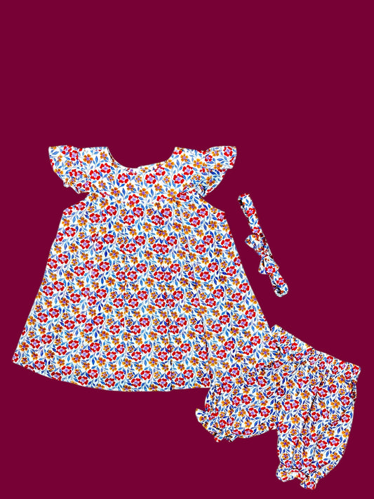 Cotton Lawn Baby Frock with Short & Hairband Multy