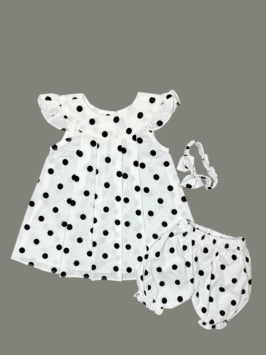 White & Black Small Polka Dress Set with Bloomers