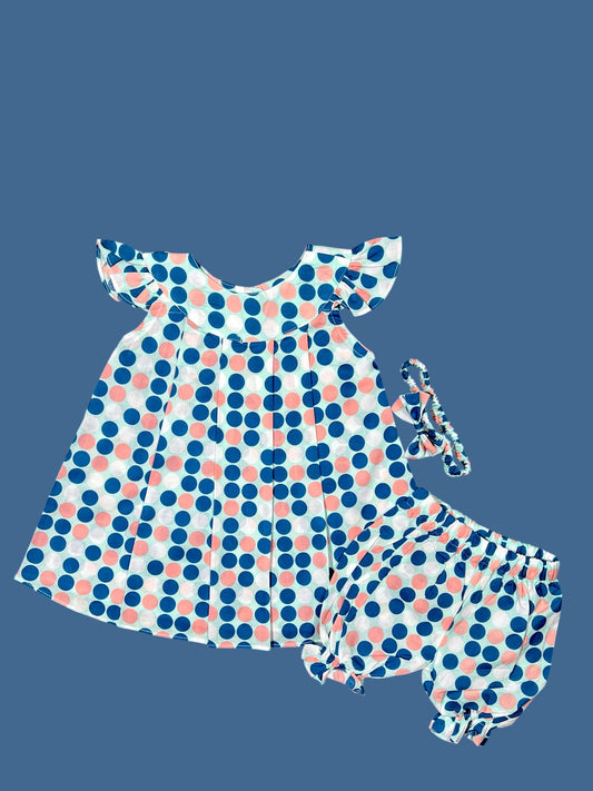 White Blue Pink Polka Dot Baby Dress Set with Bloomers HiNeck & Tights - 5pcs