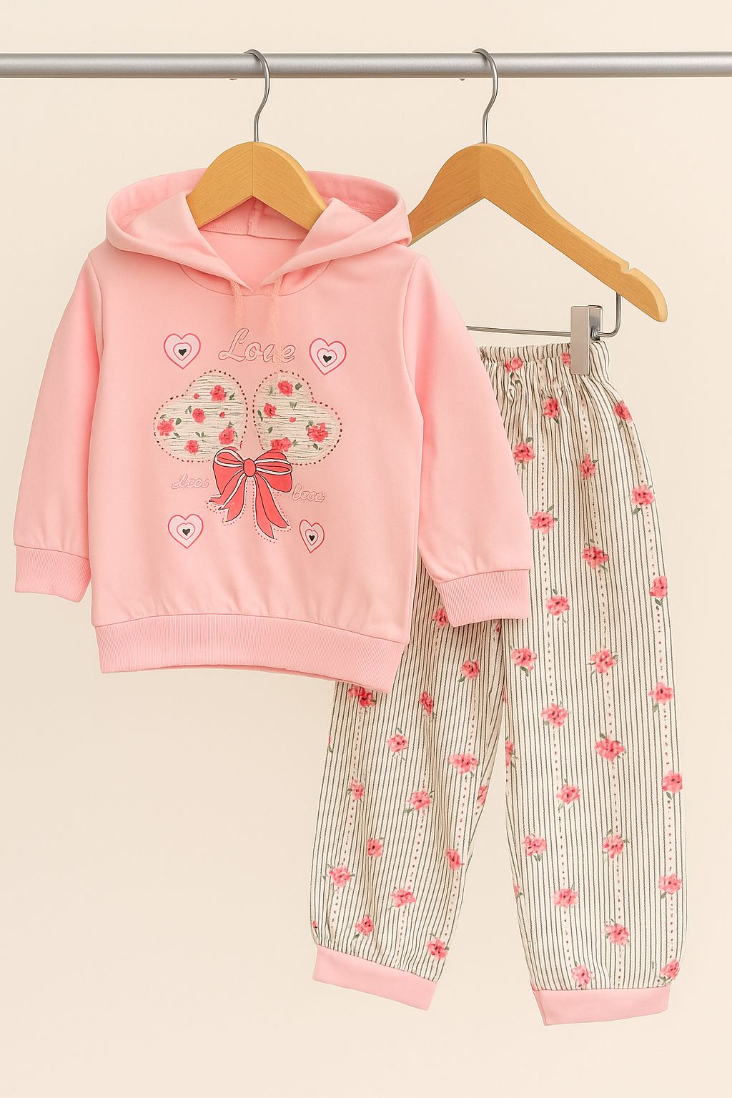 French Terry Girls Suit Love Style Pink Color