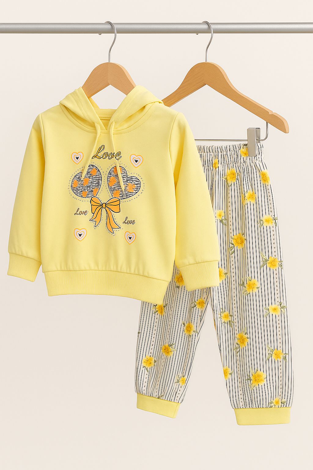 French Terry Girls Suit Love Style Yellow Color