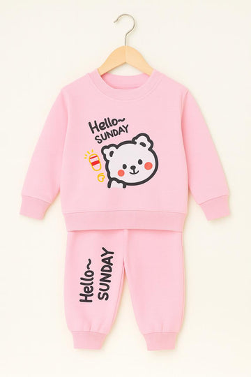 Girls Pink Hello Sunday Fleece Tracksuit – Soft Sweatshirt & Joggers
