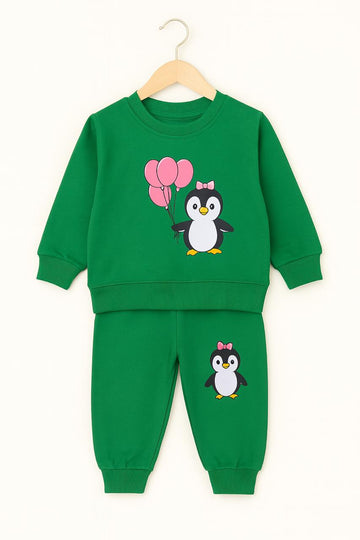 Girls Green Penguin Sweatsuit – Cozy 2-Piece Outfit Fleece