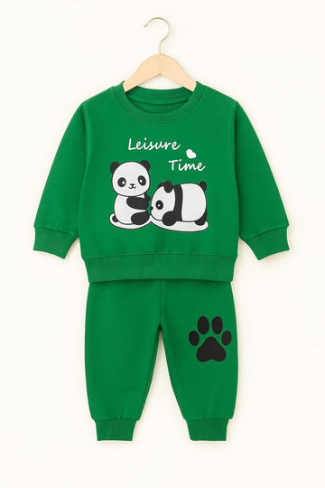 Cute Panda Kids Tracksuit – “Leisure Time” Green 2-Piece Outfit