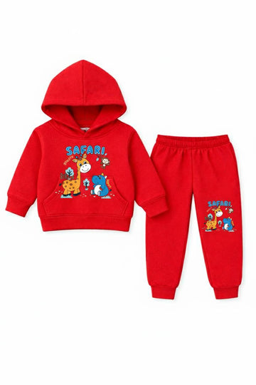 Kids' Safari Animals Tracksuit Set - Red Fleece Hoodie and Sweatpants