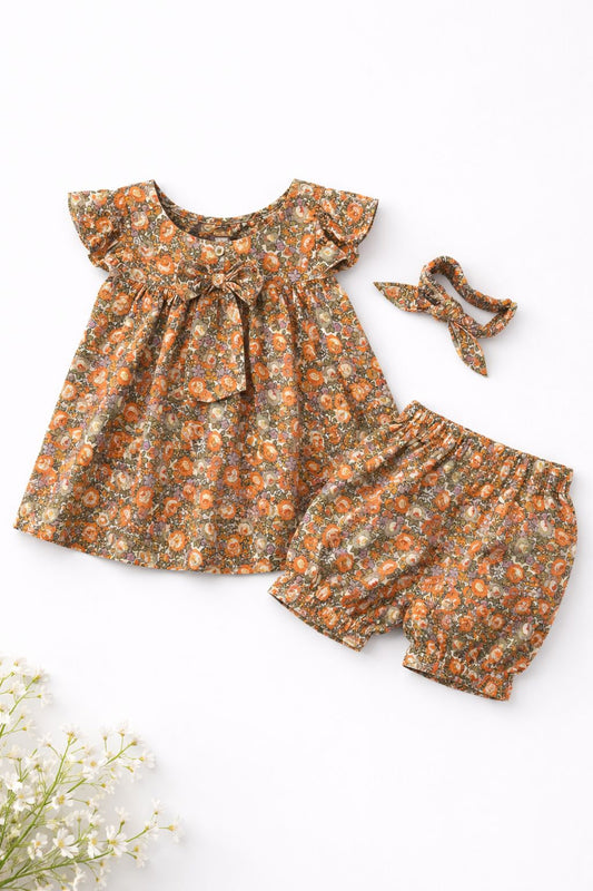 Autumn Garden 3-Piece Floral Set – Ruffle Top, Bloomers & Bow