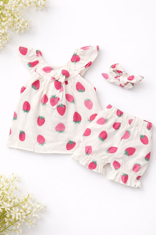 Sweet Strawberry Fields 3-Piece Set - Flutter Top, Bloomers & Bow