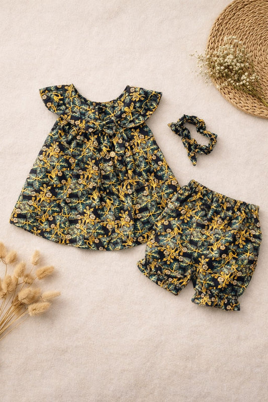 Vintage Charm Ruffle Set - Yellow Floral & Soft Grey Grid