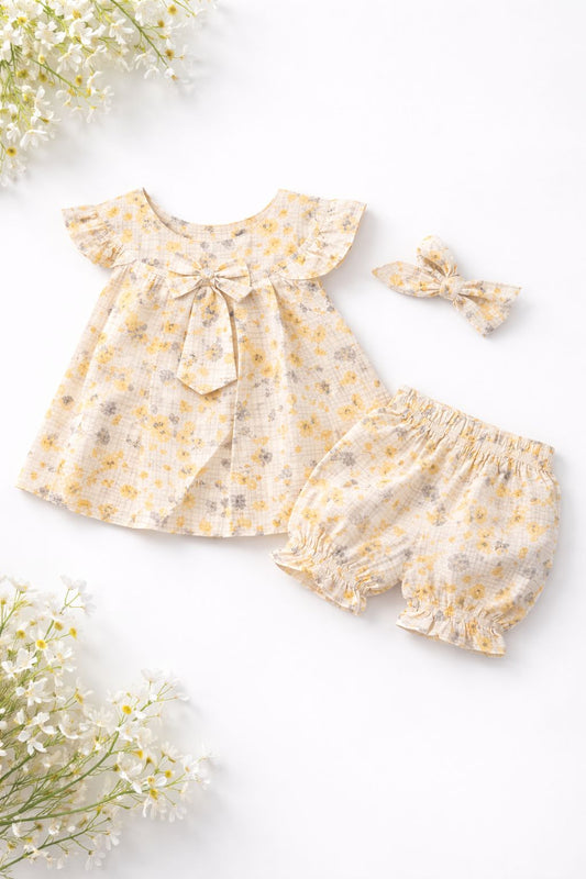The "Sunshine Garden" Flutter Sleeve Set - Yellow Floral & Plaid