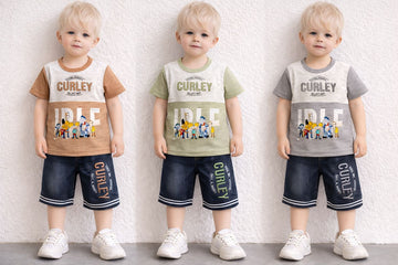 Kids Boys "CURLEY" Print T-Shirt & Denim Shorts 2-Piece Summer Set