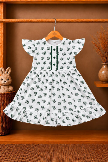 Jashn-e-Azadi Bold Butterfly Green & White Kids Frock
