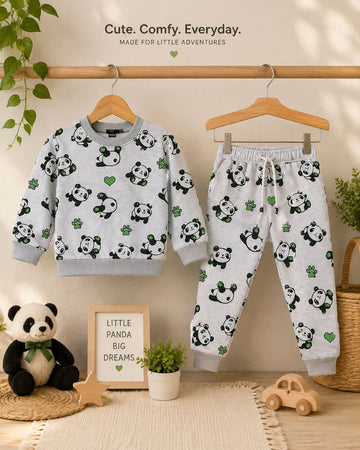 Cute Panda Print Light Grey Kids Fleece Set