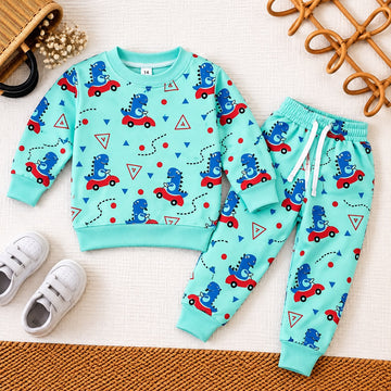 Mint Green Fleece Dinosaur Tracksuit | Fun Dino & Red Car Print Kids Set