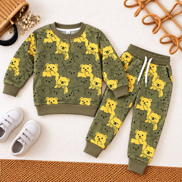 Olive Fleece Bear Sweatsuit | Cute Teddy Print Toddler Two-Piece Outfit