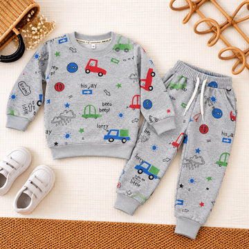 Heather Gray Fleece Beep Beep Tracksuit | Colorful Cars & Transport Print Kids Set