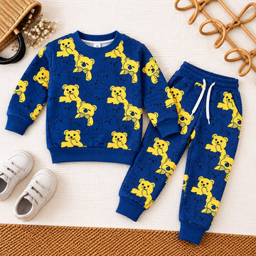 Cozy Navy Fleece Bear Set | Adorable Yellow Teddy Print Kids Tracksuit
