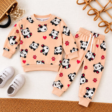Peach Panda Fleece Sweatsuit | Kids Sweatshirt & Joggers with Hearts & Paw Prints