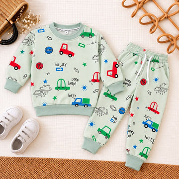 Light Green Fleece Vehicle Adventure Set | Kids Sweatshirt & Joggers with Car Print