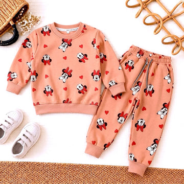 Peach Fleece Playful Character Tracksuit | Fun Mouse Character & Hearts Kids Set