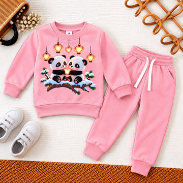 Bright Pink Fleece Panda Lantern Tracksuit | Cute Pandas & Hanging Lights Kids Set