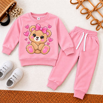 Pink Fleece Cute Bear Sweatsuit | Playful Teddy Bear Print Toddler Outfit